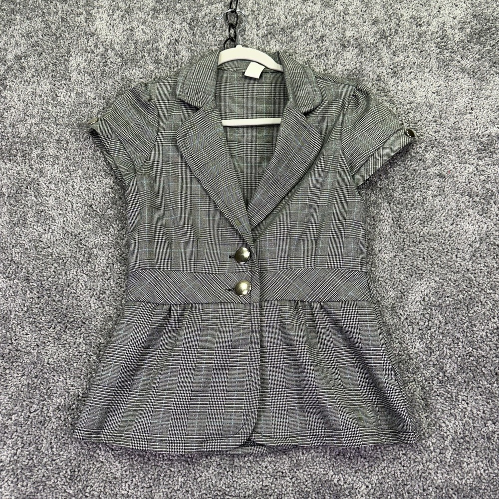 Vanity Blazer Womens Small Gray Plaid Short Sleeve Button Peplum Business Casual
